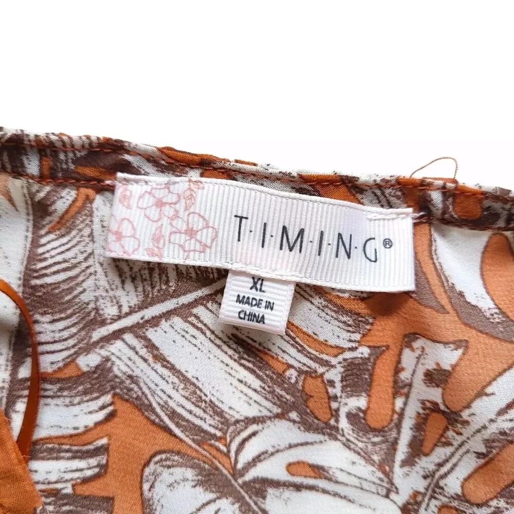 TIMING Blouse Womens XL Orange Wide Sleeve Lace Tie Front Tropical Print Boho - Picture 3 of 7